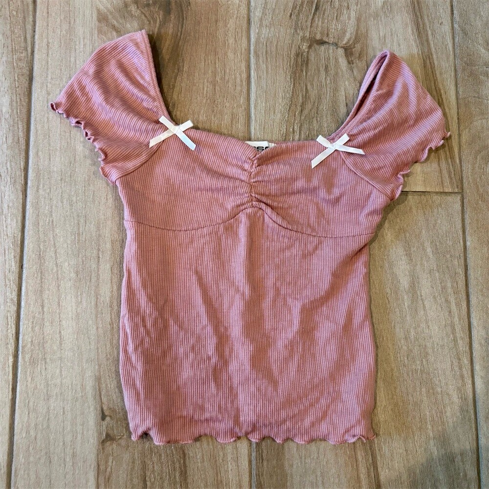 RSQ Blouse M Pink Ribbed Ruched Sweetheart Milkmaid Bow Cap Sleeve